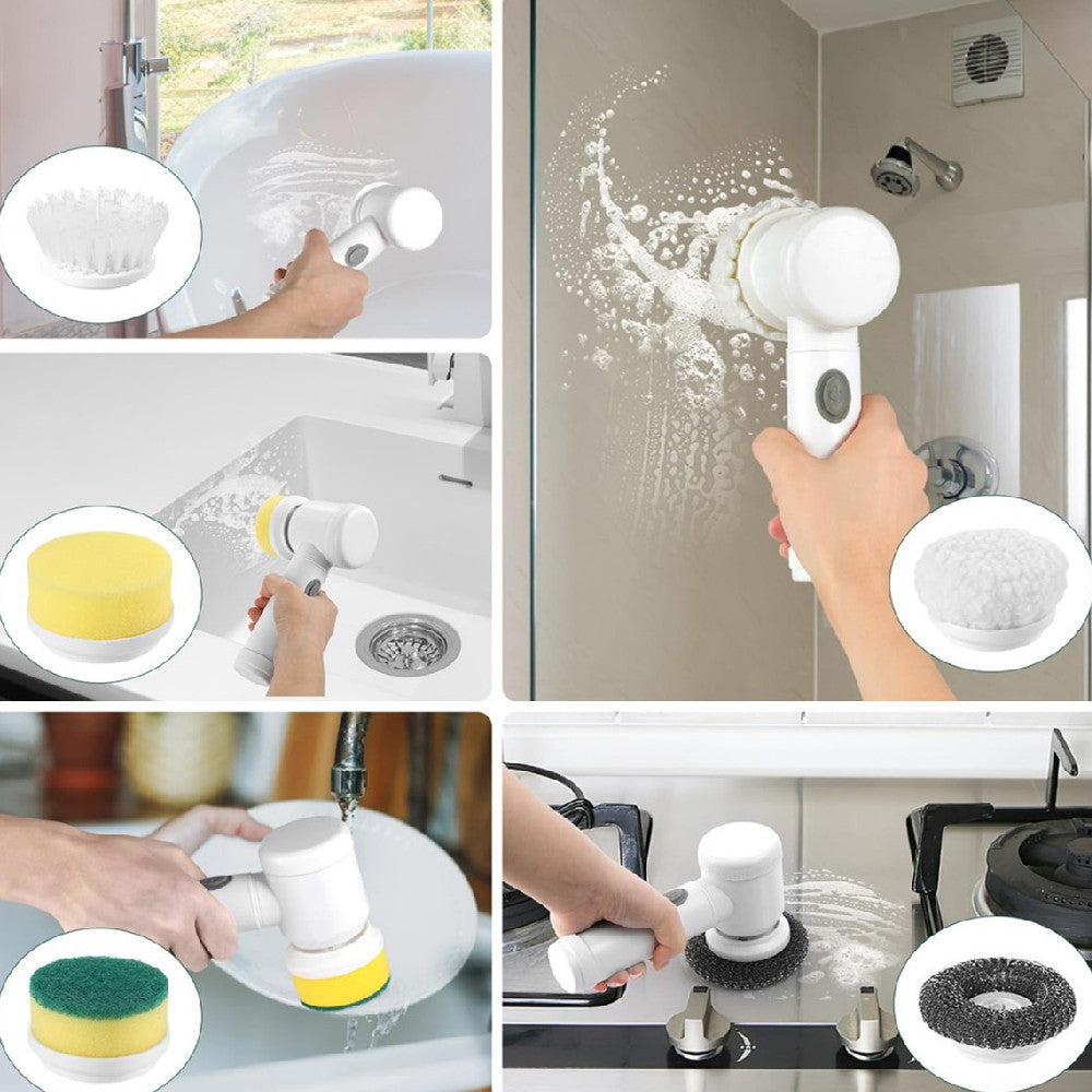 Multifunctional cleaning tool being used on various surfaces including a mirror, sink, and stove.