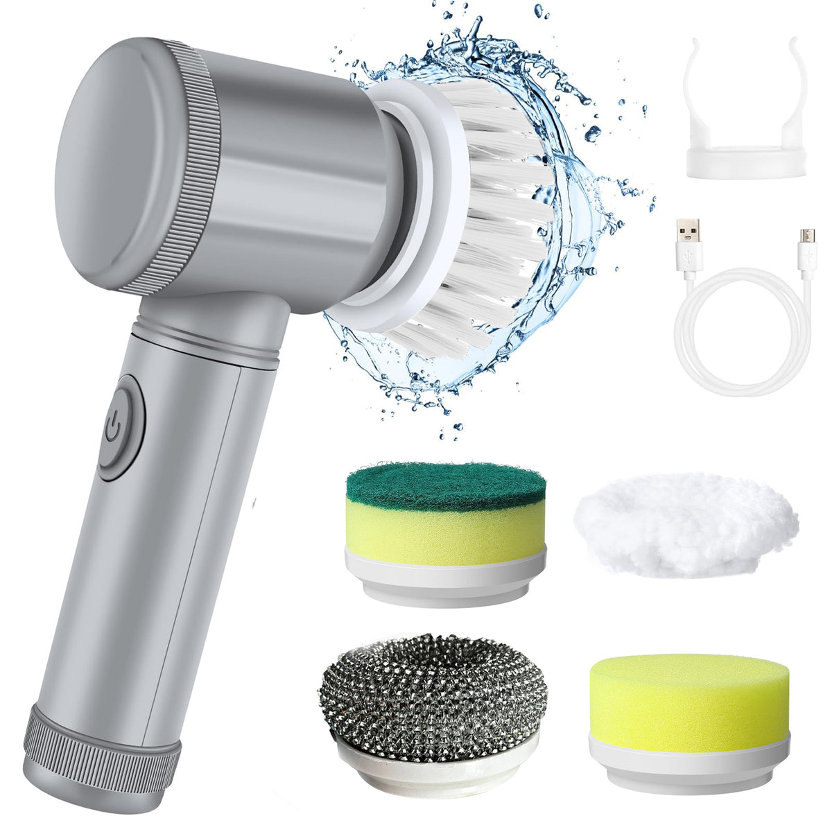 Handheld cleaning device with various attachments on a white background