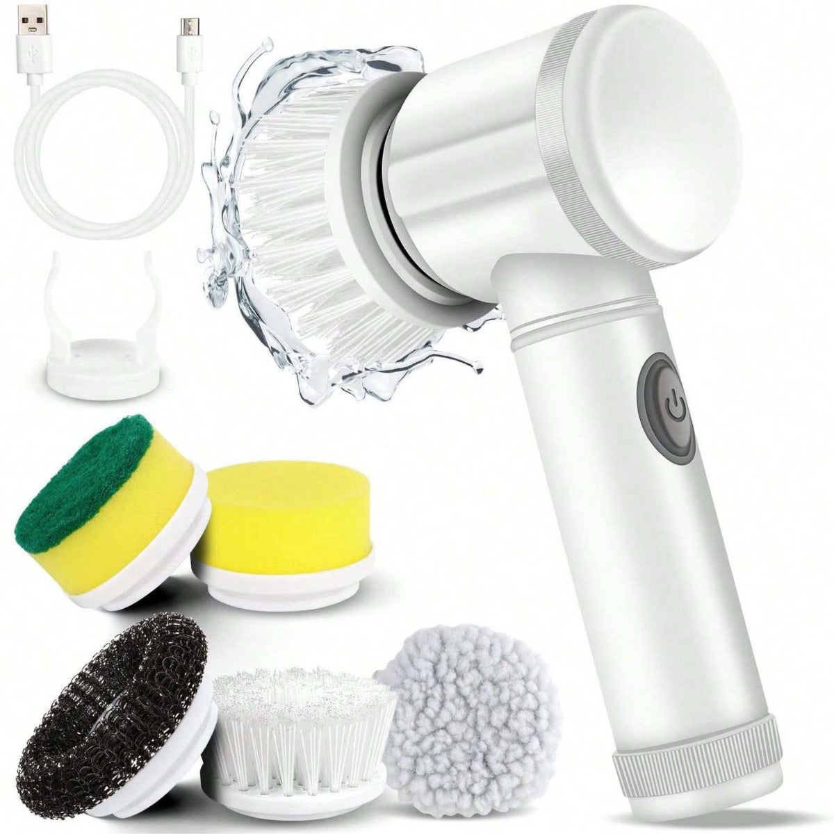 White cleaning brush with various attachments on a white background
