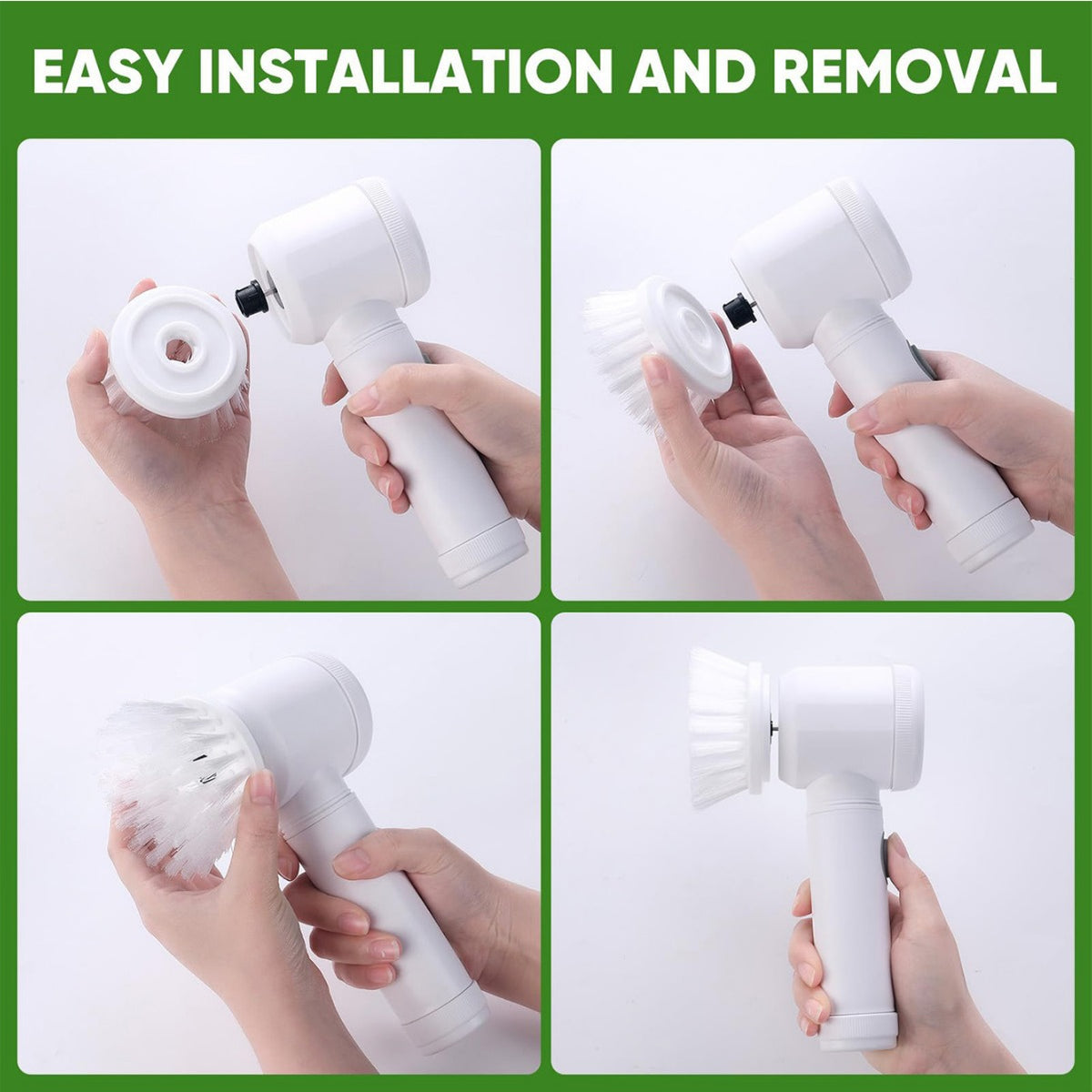 Step-by-step demonstration of easy installation and removal of a white handheld cleaning tool.