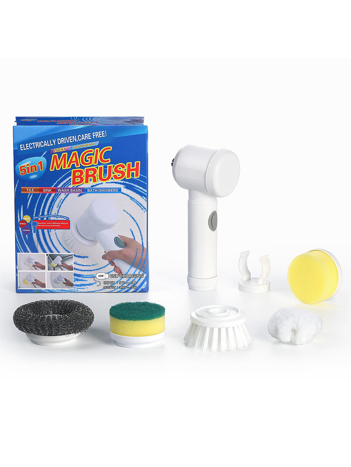 Magic Brush with packaging and attachments on a white background